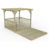Wooden pergola deck kit with slatted roof, railings, and extended platform, measuring 8' x 16' by Forest Garden.