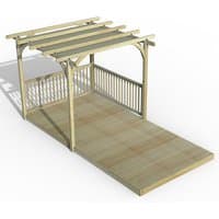 Wooden pergola deck kit with retractable canopy, featuring slatted roof and railing, measuring 8' x 16'.
