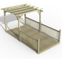 Wooden pergola deck kit with retractable canopy, featuring slatted roof and railing, measuring 8' x 16'.