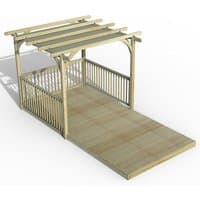 Wooden pergola deck kit with retractable canopy, slatted roof, and railing, measuring 8' x 16' by Forest Garden.