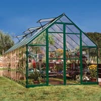 Green Palram Canopia Balance Greenhouse, 8' x 20', with clear panels and green frame, set on grass.