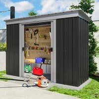 Anthracite metal shed with sliding doors, 8x4 ft, featuring a pent roof and organized interior shelving.