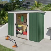 Green metal shed with sliding doors, silver trim, and wood interior, measuring 8' x 4' by Yardmaster.