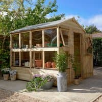 Wooden shiplap potting shed with large windows, sloped roof, and side door, surrounded by potted plants.