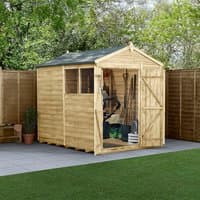 Wooden shed with double doors, apex roof, and side window, set on a patio with garden tools inside.