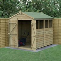 Wooden shed with double doors, green apex roof, and four windows, set in a garden with a lawnmower inside.