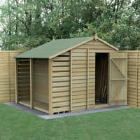 Wooden shed with green apex roof, windowless design, and attached logstore, set against a garden backdrop.