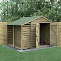 Wooden apex shed with double doors, logstore, overlap panels, and green roof, set against a wooden fence.