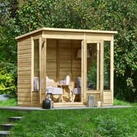 Wooden pent summer house with double doors, large windows, and a flat roof set in a garden.