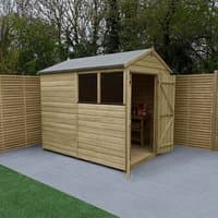 Wooden shed with double doors, apex roof, shiplap cladding, and window, set on a patio with surrounding fencing.