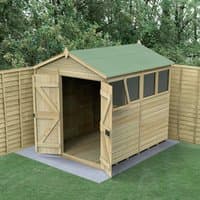 Wooden apex shed with green roof, double doors, and four windows, tongue and groove panels, set on a concrete base.