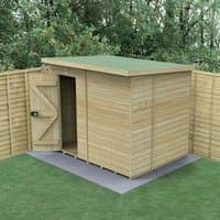 Wooden windowless pent shed, 8'x6', tongue and groove, pressure treated, sloped roof, single door, natural finish.