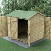 Wooden shed with double doors, reverse apex roof, pressure-treated timber, windowless design, green roof felt.