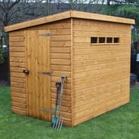 Wooden garden shed with shiplap cladding, pent roof, single door, and three small windows on the side.