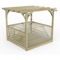 Wooden 8' x 8' pergola deck kit with slatted roof, square platform, and decorative railing by Forest Garden.