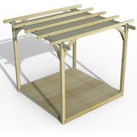 Wooden 8' x 8' pergola deck kit with retractable canopy, featuring a slatted roof and sturdy square base.