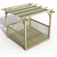 Wooden 8' x 8' pergola deck kit with retractable canopy, featuring slatted roof and railing, by Forest Garden.