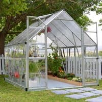 Silver Palram Canopia Balance Greenhouse, 8' x 8', with clear panels, aluminum frame, and open door, set in a garden.