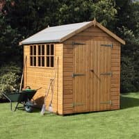 Wooden garden shed with shiplap cladding, apex roof, double doors, and side windows, measuring 8' x 8'.