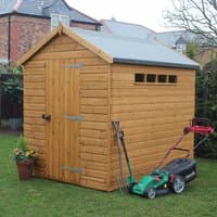 Wooden garden shed with shiplap cladding, apex roof, single door, and small windows, measuring 8' x 8'.