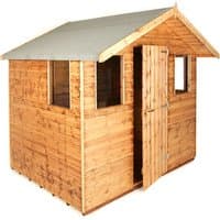 8' x 8' wooden garden shed with shiplap cladding, pitched roof, two windows, and a single door.