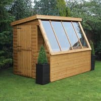 Wooden potting garden shed, 8' x 8', shiplap design, 6' gable roof, large slanted windows, natural wood finish.