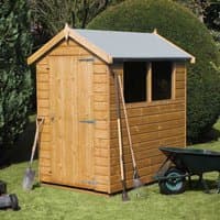 Wooden garden shed with shiplap cladding, apex roof, single door, and two windows, measuring 8' x 8'.
