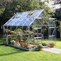 Greenhouse with clear glass panels, silver aluminum frame, pitched roof, and plants inside, set on a grassy lawn.