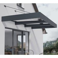 Grey clear door canopy with metal frame and transparent roof panels, mounted above a modern house entry.