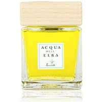 Square glass bottle with yellow liquid, wooden cap, and Acqua dell'Elba label for Costa del Sole aromatic diffuser.