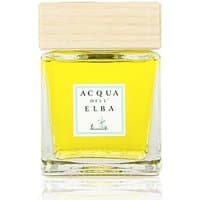Square glass bottle with yellow liquid, wooden cap, and Acqua dell'Elba label for aromatic diffuser.