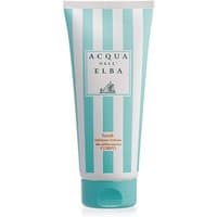 Aqua and white striped tube of Acqua dell'Elba Delicate Body Scrub, 200 ml, with brand logo and text on front.