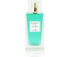 Clear glass bottle with turquoise perfume, gold spray nozzle, labeled "Acqua dell'Elba - Donna Arcipelago Eau de Parfum."