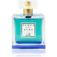 Square glass bottle of Acqua dell'Elba Donna Blu perfume, blue-green liquid, gold spray nozzle, white label.