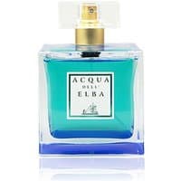 Square glass bottle of Acqua dell'Elba Donna Blu perfume, blue liquid, gold spray nozzle, clear cap.