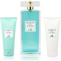 Acqua dell'Elba Donna Classica set with turquoise perfume bottle and two matching lotion tubes.