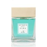 Clear glass bottle with turquoise liquid, beige square cap, and Acqua dell'Elba label, 500 ml marine diffuser.