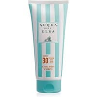 Acqua dell'Elba Suncare Body SPF 30 cream in a turquoise and white striped 200 ml tube.