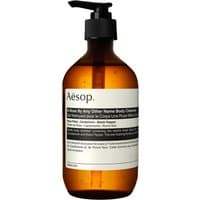 Amber bottle with black pump, Aesop label, "A Rose by any Other Name" body cleanser, 500 ml.