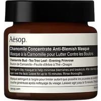 Aesop Chamomile Concentrate Anti-Blemish Masque, brown jar with black lid, white label with black text, 60 ml.