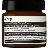 Brown jar of Aesop Elemental Facial Barrier Cream, 60 ml, with black lid and white label detailing ingredients.