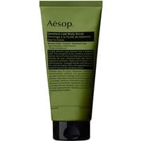 Green Aesop Geranium Leaf Body Scrub tube, 170 ml, with black cap and minimalist label design.