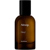 Aesop Hwyl Eau de Parfum 50 ml, unisex woody scent in a dark amber glass bottle with black cap.