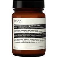 Aesop Resurrection Aromatique Hand Balm in amber jar with white label, black lid, 120 ml size.