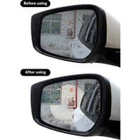 Avilo Anti-Fog Film on car mirror, top half foggy, bottom half clear, showing effectiveness against moisture.