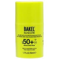 Yellow Bakel sunscreen bottle, SPF 50+, 50 ml, with bold black text and broad spectrum label.