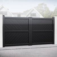 Black Barnstaple metal driveway double gates with diagonal slats and sturdy vertical posts.
