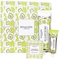 Benamor Alantoine Set with floral packaging, includes cream tube, soap bar, and small tube in green and white design.