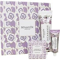Benamor Jacaranda Set with floral-patterned box, includes cream tube, soap bar, and lotion in purple and white packaging.