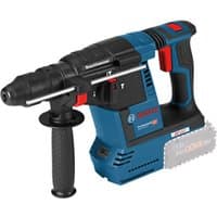 Blue and black Bosch SDS-Plus rotary hammer with ergonomic grip and red accents, featuring a side handle.